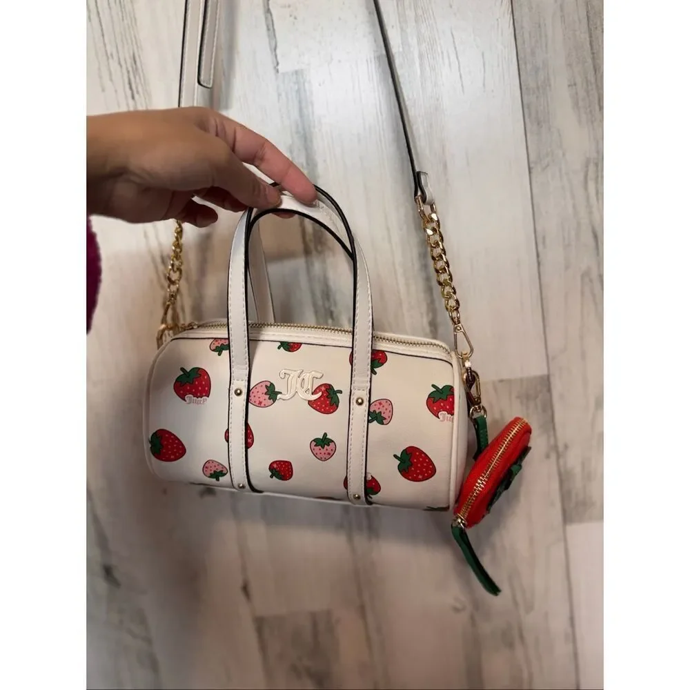Juicy Couture Strawberry Print Barrel Purse with Coin Pouch | White Pink Red Cro
